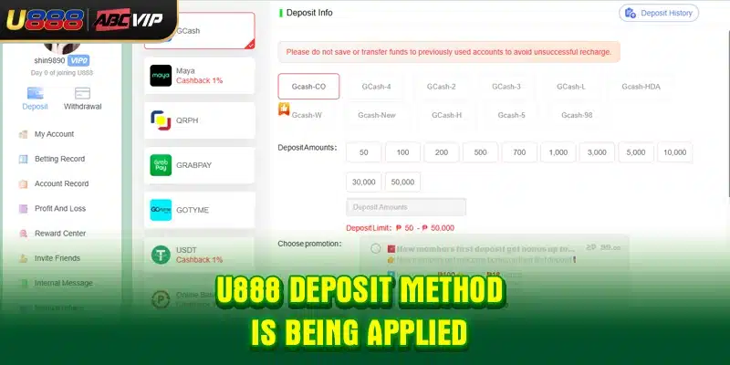U888 deposit method is being applied